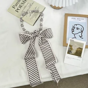 Style coréen élégant cravate perle rayée long foulard en soie femmes décoration cheveux