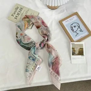 Art style silk scarf square head wrap elegant neckerchief aesthetic womens fashion
