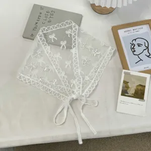 White lace triangular scarf and waist belt with sequin bow embroidery, sweet chic design.