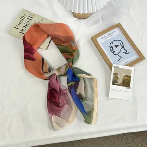 Art style large square silk scarf, versatile neckerchief, head wrap and wristband for women.