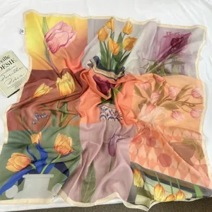 Artistic tulip print square silk scarf vintage style neckerchief chic fashion shawl wrap