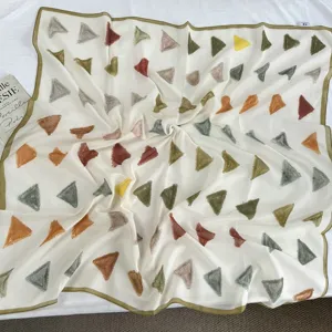 Art school style abstract geometric print square scarf, lightweight fabric, versatile neckerchief.
