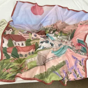 Artistic landscape print large square scarf, elegant lightweight sun protection neckerchief for women.