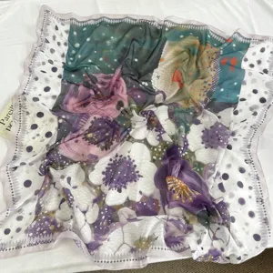 Art school style large square silk scarf, abstract floral print neckerchief and hair scarf.