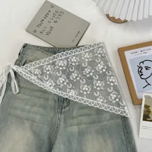 Lace floral embroidered triangular scarf waist decoration, delicate tie-up design for chic style.