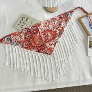 Ethnic style vintage paisley print fringe lace-up triangular scarf women summer fashion