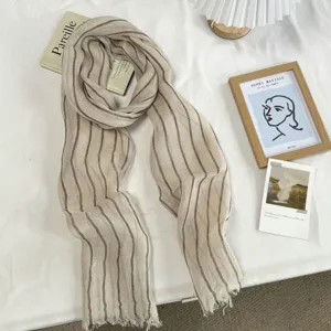 Écharpe en lin rayé de style japonais, châle long et doux respirant pour le printemps.