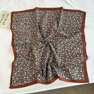Cotton small square floral scarf for women, vintage brown blue flower neckerchief head wrap.