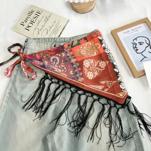Ethnic vintage floral print fringe tie triangle scarf for women summer fashion layering.