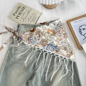 New Chinese ethnic retro print tassel lace-up triangular scarf for women, chic versatile.