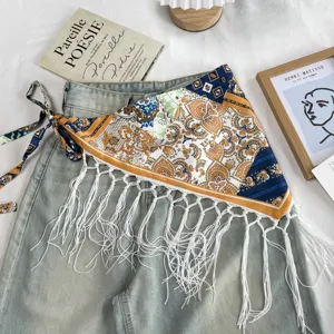 Ethnic print tassel triangle scarf detail, vintage paisley wrap skirt accessory for women fashion.