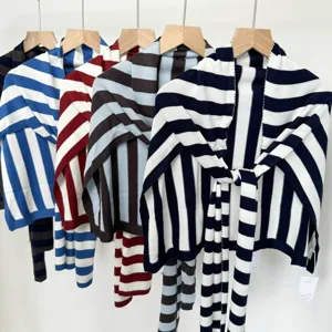 Women Minimalist Striped Knit Shawl Cape Fashion Commute Acrylic Neck Warmer Cozy Dropped Shoulder Poncho Wrap Outerwear