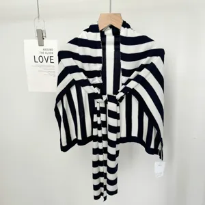 Black and white striped knitted shawl, T-shaped dropped shoulder bolero, soft and stylish.