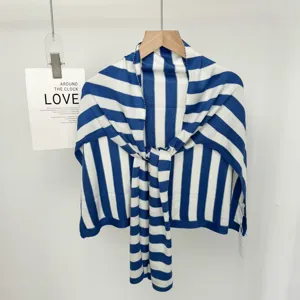 Blue and white striped knitted shawl, soft draped wrap, versatile summer anti-aircon cape for women.