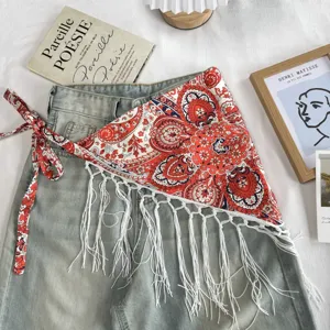 Ethnic vintage paisley print fringe tie triangle scarf for women summer fashion layered wrap
