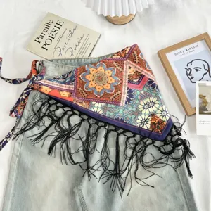 Ethnic floral print triangle scarf with fringe, stylish tassel tie wrap for women summer.