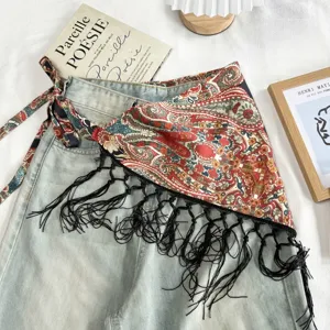 Boho paisley print tassel triangle scarf wrap skirt vintage ethnic waist tie clothing.