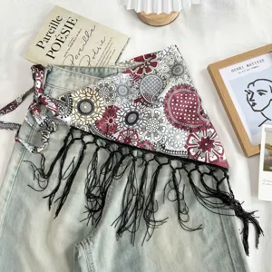 New Chinese ethnic vintage print tassel lace-up triangle scarf detail with paisley pattern.