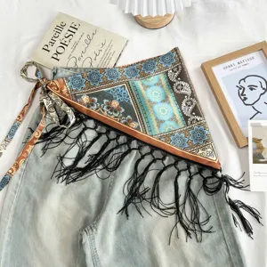Ethnic vintage print fringe tassel triangular scarf skirt wrap for women summer fashion