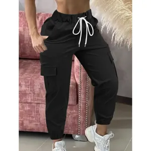 Women Cargo Pants Multi Pocket Drawstring Loose Fit Joggers Casual Cuffed Trousers Solid Color Sweatpants Streetwear