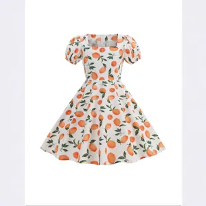 Vestido de Princesa de Manga Corta de Verano para Niñas Estampado Floral de Frutas Mariposa Fresa Cuello Cuadrado Mangas Abullonadas Elegante Vestido de Línea A