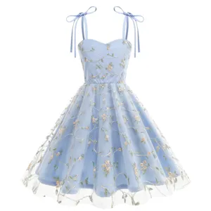 Girls Mesh Embroidered Bow Strap Dress Kids Elegant Floral Princess Party Ball Gown Sleeveless Tulle Dress For Children