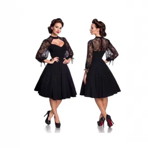 Vintage Lace Splicing A-Line Dress Women Sexy Backless Hollow Out Hepburn Style Midi Dress For Halloween Party Evening
