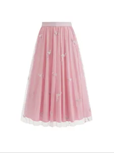 Women High Waist Embroidered Flamingo Midi A-Line Mesh Skirt Elegant Tulle Skirt Casual Vacation Bottom