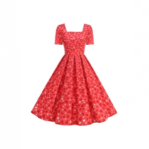 Vestido Vintage Retro de Corazones para Mujer Cuello Cuadrado Manga Corta Plisado Línea A Swing Midi Vestido Poliéster Fiesta