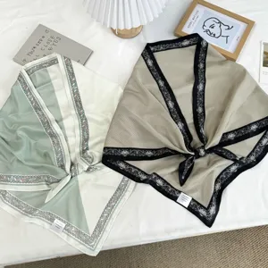 Retro color-block triangle scarf with chic printed borders, stylish accessory for spring and summer.