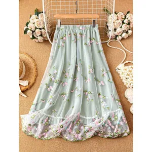 Falda de Malla de Cintura Alta de Línea A para Mujer Vintage Bordado Floral 3D Falda de Gasa de Doble Capa Falda Midi Verde
