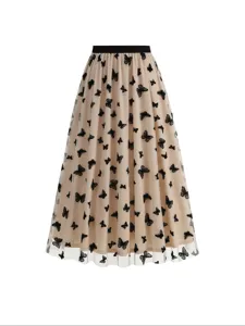 Women's High Waist A-Line Mesh Tulle Maxi Skirt Elegant Flocking Butterfly Embroidered Pleated Big Swing Bottom Skirt