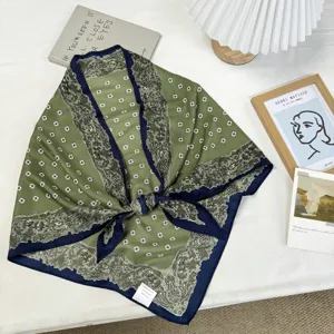Vintage green floral triangle scarf, elegant retro bandana for women, stylish neckerchief.