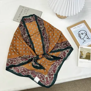 Retro green brown silk scarf with vintage floral print, elegant accessory for women's daily wear.