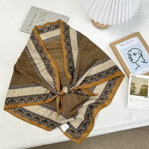 Retro brown paisley print silk-like square scarf, elegant vintage accessory for women.