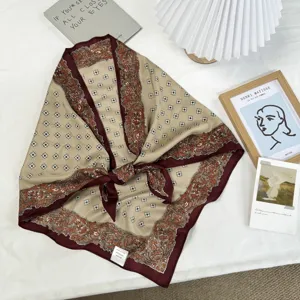 Vintage beige floral silk scarf elegant retro neckerchief classic paisley pattern stylish accessory