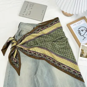 Vintage green floral triangular silk scarf, elegant retro neckerchief accessory for women.
