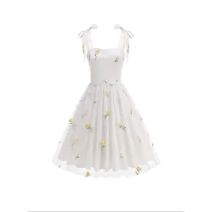 Women French Style Daisy Embroidery Mesh Cami Dress Elegant Tulle Floral Midi Party Dress With Bow Straps For Vacation
