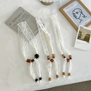 White lace scarf necklace with vintage wooden beads, elegant long ribbon choker for women.