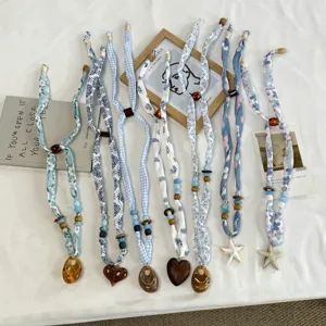 Minimalist Polyester Floral Plaid Scarf Necklace for Women Beaded Decoration Starfish Heart Pendant Choker Scarf Neckband Accessories