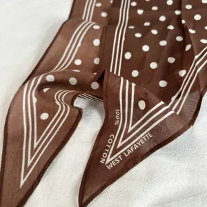 French vintage brown polka dot cotton scarf, breathable square neckerchief for spring and summer.