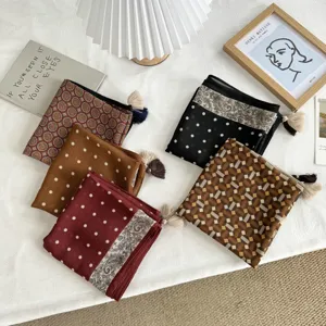 Women Polka Dot Geometric Pattern Tassel Scarf Faux Cashmere Small Square Scarf Literary Autumn Winter Warm Scarf Shawl