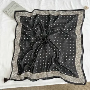 Black polka dot square scarf with paisley border and tassels, vintage cozy winter warm shawl for women.