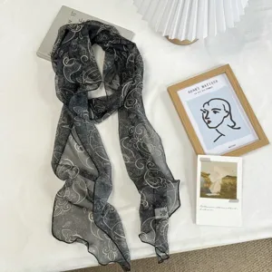 Elegant black paisley chiffon long scarf, vintage floral print lightweight neck wrap daily wear.