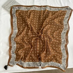 Brown polka dot square scarf with paisley border and tassel fringe for women warm winter.