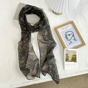 Elegant black sheer paisley scarf, lightweight floral print long neck wrap for women.