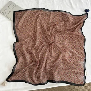 Geometric pattern square scarf with black border and tassel fringe, soft imitation cashmere.