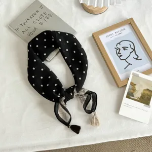 Black and white polka dot square scarf with tassels, elegant winter warm neck wrap for women.