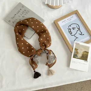 Brown polka dot scarf with tassels, 65cm square cashmere-feel winter shawl for women.