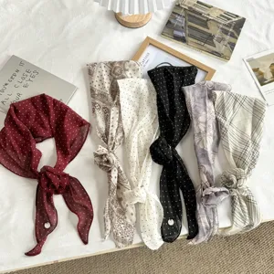 Korean Style Long Strip Silk Scarf For Women Polka Dot Paisley Plaid Pattern Decorative Neckwear With 3D Flower Pearl Accent Accent Accessories